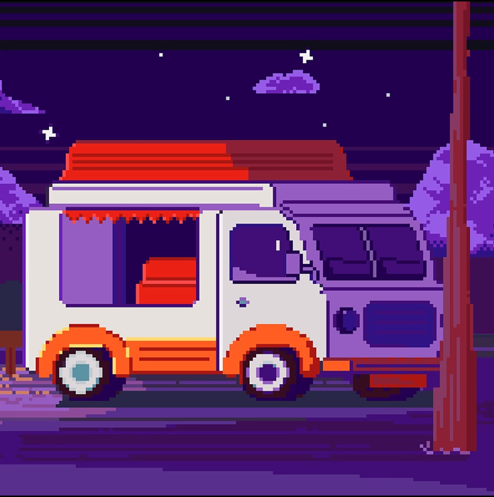 Пиксельный арт. Фургон в ночном парке.